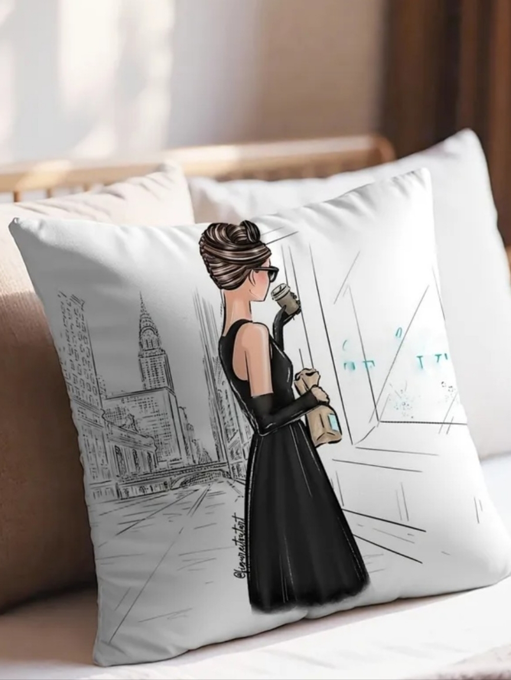 TIFFANY BREAKFAST Stylish Black Dress Fashion Illustration Pillow